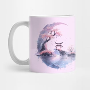 Japanese scenery of a tori with moon and sakura bonsai Mug